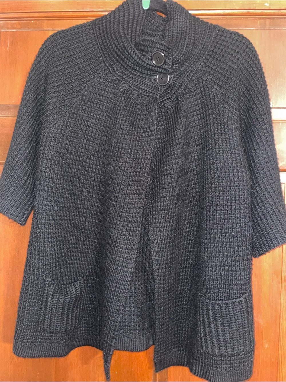 Allison Brittney Black Knit Button-Collar Poncho